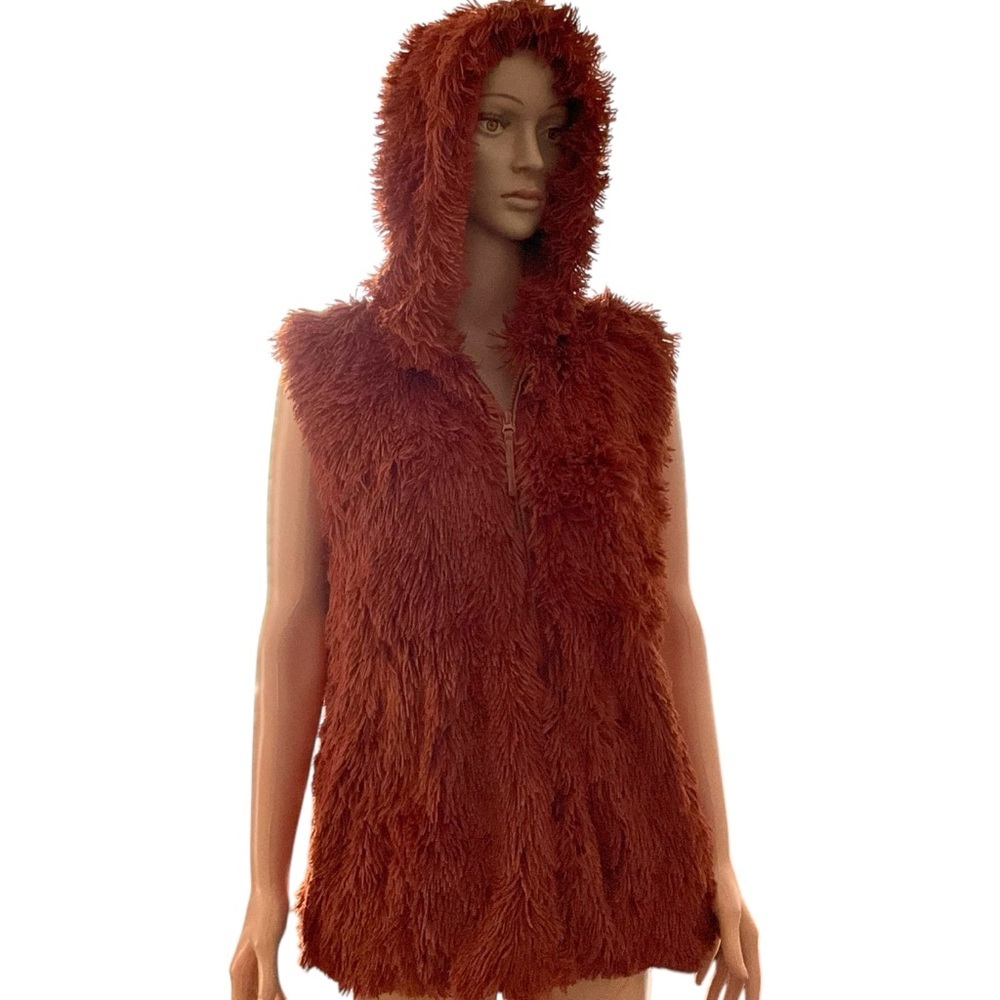 Angie Burnt Orange Faux Fur Shear‎ Teddy Vest SZ L Hood Collegiate Rusty Women